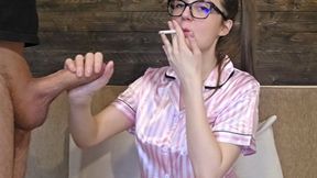 Cute Girl with Pigtails Smoking Cigarette & Giving Handjob in Shiny Satin – Big Cum on Silky Pajamas