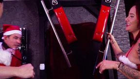 Santa Claus gets his ass spanked by two Christmas ladies