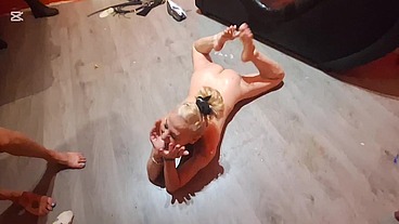 Mistress with her submissive and her submissive dog, second part, extreme domination, deep throat, extreme humiliation, whipping, Mistress fucks her submissive hard with her fist and foot in the pussy
