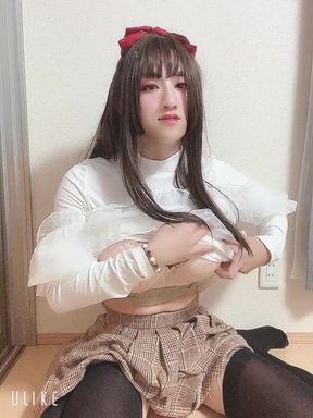 Japanese crossdresser masturbates cum and Lick semen