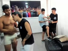 Amazing hot gay group sex scene in a warehouse