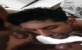 Greedy Latino eats four black cocks