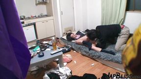 Two sexy Asian girls wrestle with a huge dick