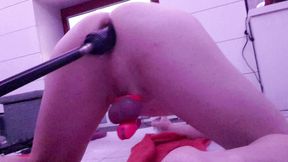 Anal training with 10 inch big black dildo on the fucking machine whilst in chastity