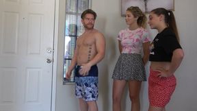 Two beautiful girls lose strip game, eat pussy in living room