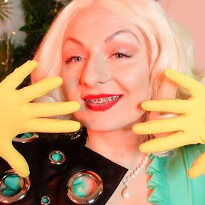 sexually blonde MILF - blogger Arya - teasing with yellow latex household gloves (FETISH)