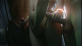 Tifa es follada por 3 pollas en el ba&ntilde_o