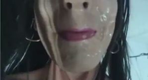BIG COCK glasses shemale cums in her own mouth squirts