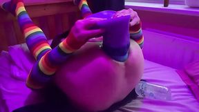 Compilation of amateur fucking of femboy in stockings with huge dildo in ass gape