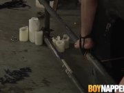 Roped to a tire sub slave cums while being wanked by master