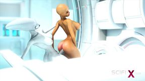 A sexy horny girl gets fucked by alien dickgirl in the sci-fi lab