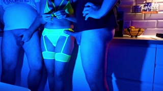 Threesome in the kitchen in neon light. Threesome. Mmf. Cuckold. Ep 4621