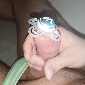 Binky Pacifier + steel rod sounding with condom, condom in urethra, cum