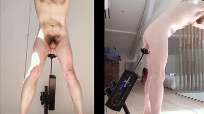 Fucked hard and fast, standing up, by his machine - double dildo, double view