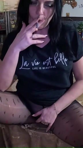 Satin Seduction on a Wooden Bench - Smoking, Masturbation &amp; Two Cumshots on My Dress   Clip 2