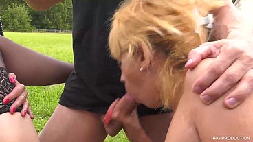 Orgy in the countryside, 2 chicks , 4 cocks, Big black cock