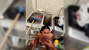Latina girl taking my dick in her mouth and pussy in the laundry room