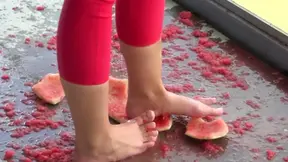 Feeding Her Sweetly With Watermelons From His Feet Playfully