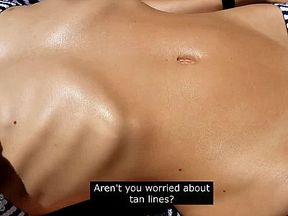 Lily Mae sun tanning in front of the neighbors freaks out when her husband takes her top off