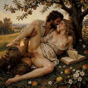 She Kept Reading Under the Apple Tree While He Finished What the Book Started (ai Generated).