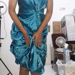 Asian Crossdresser Satin Shiny Ruffle Dress Cumshot