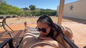 Slutty Kitty sucks and rides Yummy Jimmy to extract his semen on a public balcony