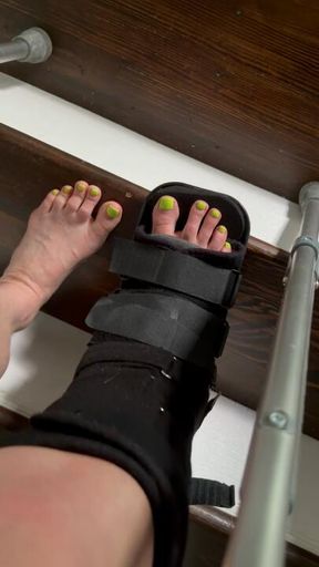 Sprained ankle boot and crutches walk