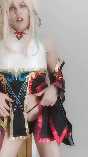 Blonde Cosplayer Blowjob, Striptease and Masturbating