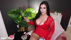 Attractive woman in red dress answering questions about smoking