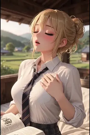 Blonde anime GF gets off on the terrace
