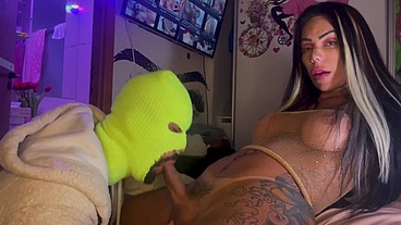 Shemale Vanessa Rafaella - fucking bareback bear and cum in his mouth