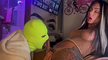 Shemale Vanessa Rafaella - fucking bareback bear and cum in his mouth
