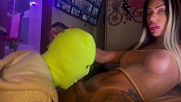 Shemale Vanessa Rafaella - fucking bareback bear and cum in his mouth