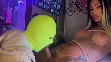 Shemale Vanessa Rafaella - fucking bareback bear and cum in his mouth