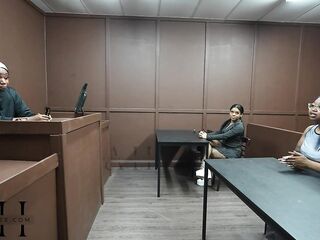 Ebony Whore screws & sucks in judge Athena Hazes courtroom