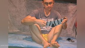 I was playing with my cock after school, wearing yellow underwear and socks which I've covered with cum!
