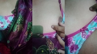 Indian Trans Woman Gaurisissy Showing Her Full Body and Pressing and Playing with Her Big Boobs in Pink Saree