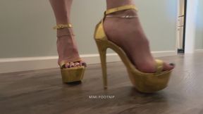 Walking in Gold Ultra High Heel Sandals on Hard Floor
