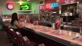 Dark-haired waitress gets a threesome with chef and busty customer