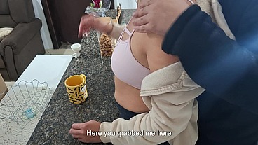 A stepdaughter is surprised while having breakfast.