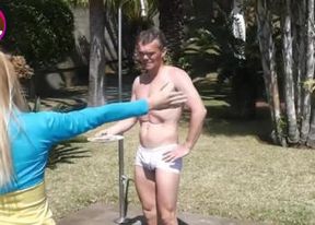 Femdom Princess Nikki and her friend treat the pool guy like a slave