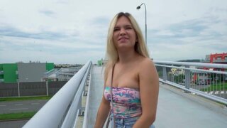 Public agent finds a blonde babe and offers her money