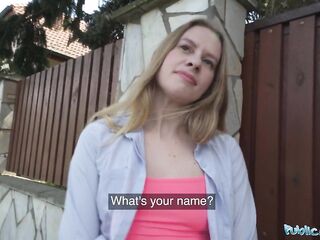 Public Agent thin woman with tiny boob drilled by a massive rod in a garden shed