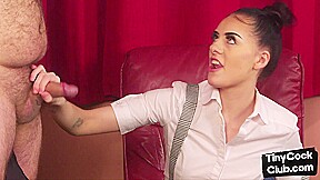 SPH femina jerks small cock dude in CFNM handjob action