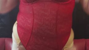 Tall Curvy Tattooed Redhead in Red Lingerie Strips and Masturbates to Music