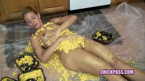 Kinky college girl Lina is naked and playing in macaroni and cheese