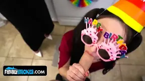 Busty stepmom Melody Mynx and Tifa Quinn share young cock in a birthday