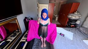 flat chest hijab girl sucking, riding & gets fucked by big cock until she gets a cum facial