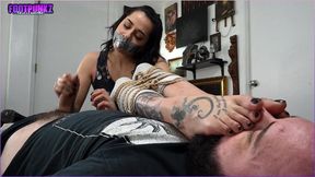 Bri's Tapegagged and Tied Up Foot Smelling Handjob with Huge Cumshot