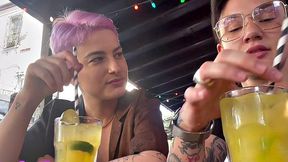 Homemakers share their love for each other in a hot lesbian bar-style session